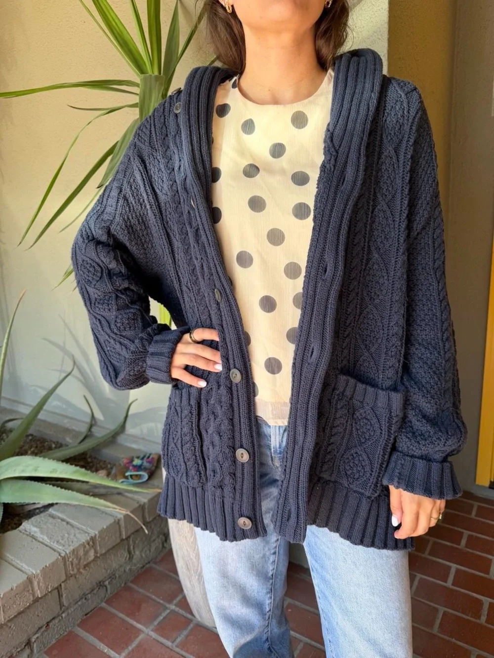 LL Bean Signature Shawl Collar Cable Cardigan - Navy Blue Men’s XL